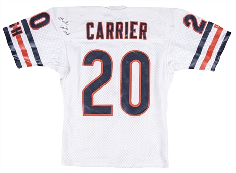 1991 Mark Carrier Game Used & Twice Signed Chicago Bears Road Jersey Photo Matched To 12/23/1991 (Beckett)